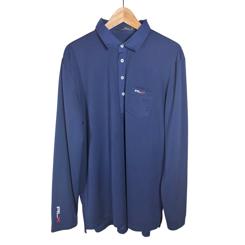 RLX Ralph Lauren Mens XL Navy Blue Golf Polo Shirt Performance Pocket